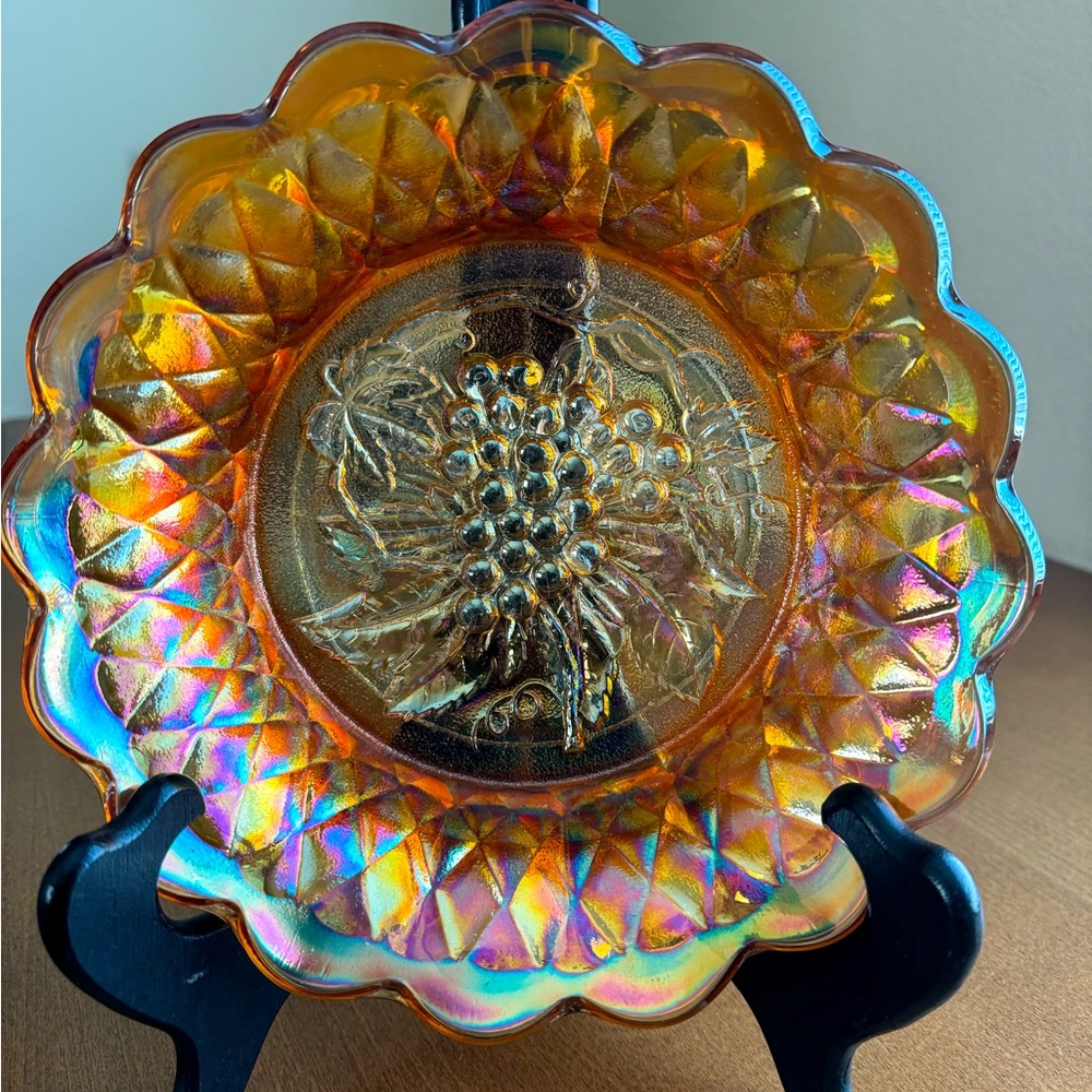 Carnival Glass Bowl in Marigold with Center Grape Pattern -  Vintage